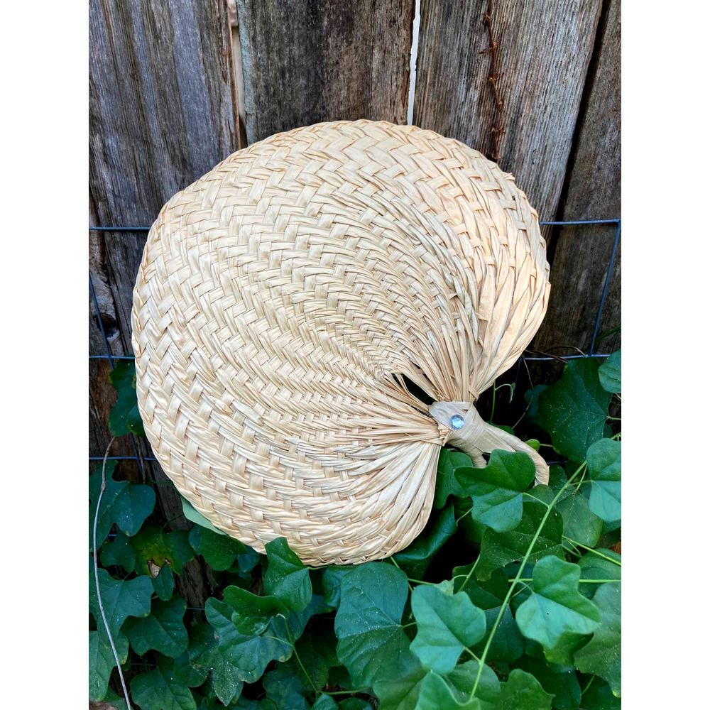 Vintage Boho Woven Raffia Fan w/ Rhinestone - Heart Shaped - Leaf Wall Decor